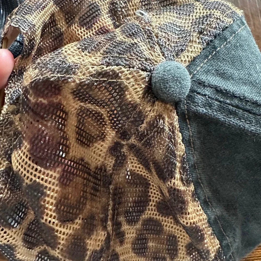 MAMA Patch Leopard Mesh Trucker Hat Distressed Charcoal Grey Snapback
